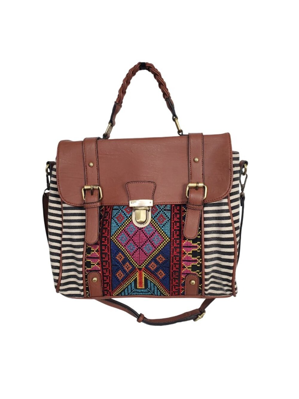 Jen & Co Bag Satchel Striped Aztec Embroidered Vegan Leather Boho Chic Purse